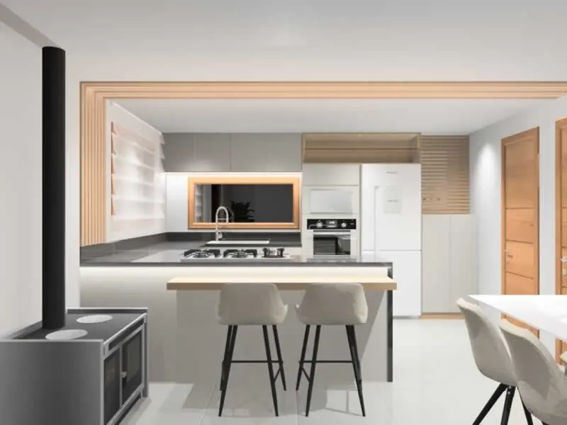 Projeto 3D de cozinha com ilha e banquetas