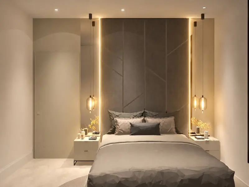 Projeto 3D de quarto com painel de cabeceira estofado e pendentes
