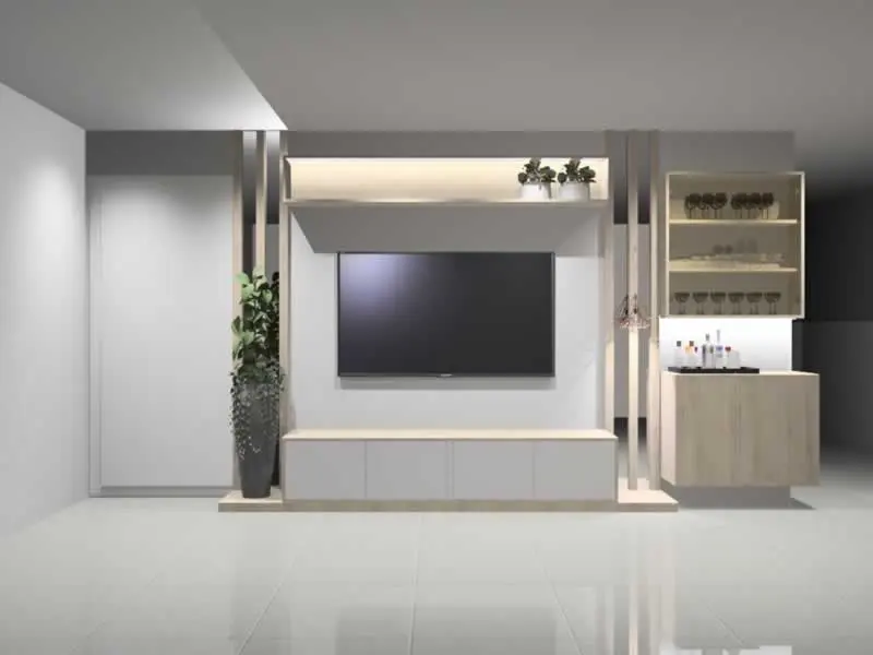 Projeto 3D de sala com painel de TV e adega