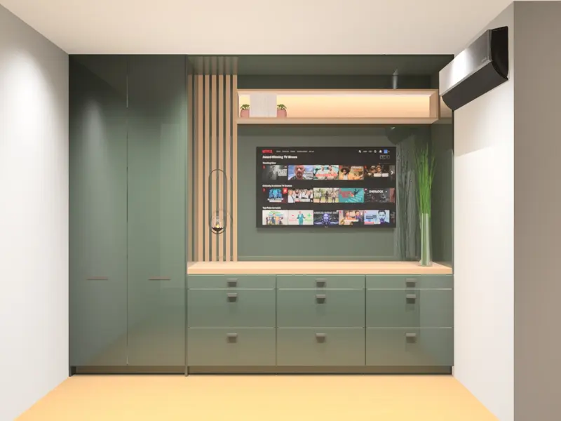 Projeto 3D de sala com estante verde e painel de TV